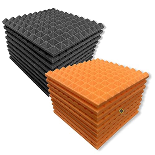 YGM Acoustic Foams® Pyramid Acoustic Panels 1'×1'×1″ Thick | 50 Density Acoustical Sound Proof Foam for Room & Studio | Echo Reduction & Noise Absorption | Set of 18 (Orange & Black)