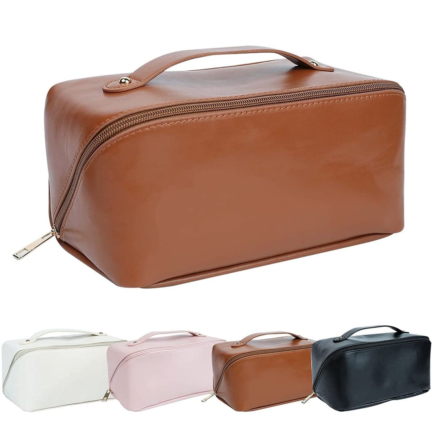 SKYTONE 12 Cms Large Capacity Cosmetic Travel Bag, Women's Makeup Travel Accessory- Cosmetic Bag Portable Leather, Makeup Bags with Handle & Divider, Wide Opening Cosmetic/Makeup Organizer (Brown)