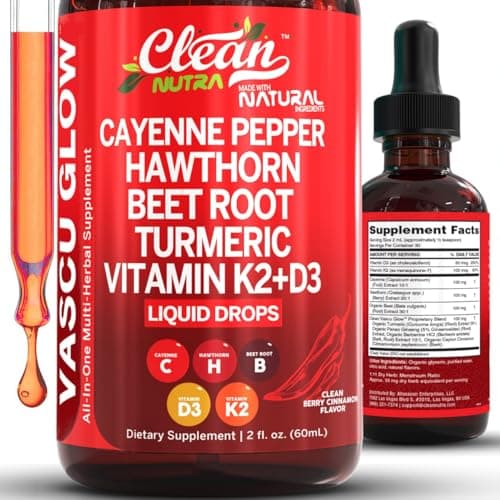 Clean Nutra Cayenne Pepper Drops Supplement Liquid Hawthorn Berry Vitamin D3 K2 Beet Root Powder Ceylon Cinnamon Turmeric Curcumin Organic Panax Ginseng Berberine Extract 1 Pack