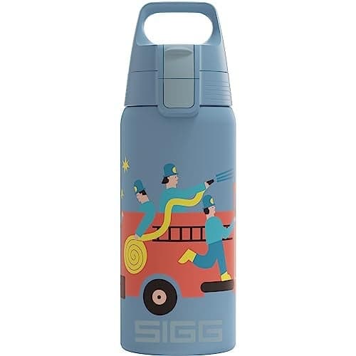 Sigg - Insulated Kids Water Bottle - Shield One Therm Pompiers - Suitable For Carbonated Beverages - Leakproof - Dishwasher Safe - BPA Free - 90% Recycled Stainless Steel - Blue - Fireman - 17Oz