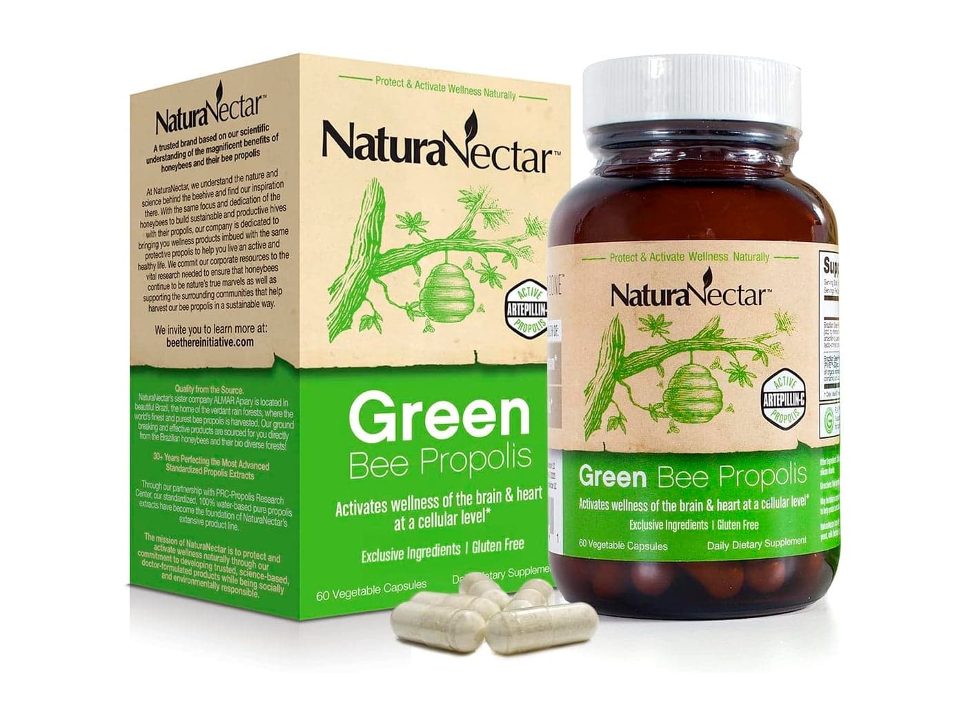 NaturaNectar Green Bee Propolis Capsules NSF Contents Certified Brazilian Green Propolis GlutenFree Propolis Supplements with Flavonoids Naturally Sourced Through Ethical Beekeeping 60pcs