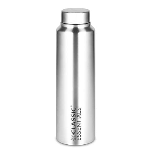 CLASSIC ESSENTIALS Spring Stainless Steel Single Walled Fridge Water Bottle (1000ml,Silver) Leakproof BPA free Lids,Great For Travel,Picnic,Camping Etc.