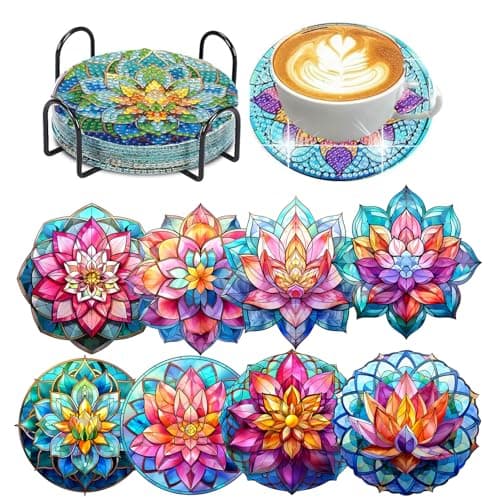 8 PCS Lotus Diamond Art Coasters Kits Diamond Painting Coasters with Holder Set of 8 DIY Drink Coasters Art Crafts Supplies for Adults Cup Mat for Home Decor House Warming Gifts NonSlip 39inch