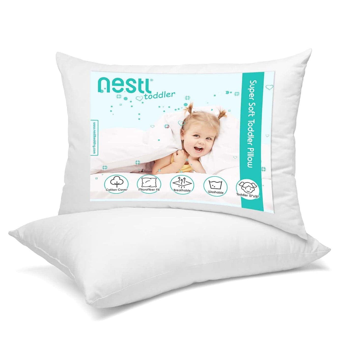 Nestl 2 Pack Toddler Pillow for Sleeping 13 x 18 Small Kids Pillow for Travel Car School Nap Toddler Bed Machine Washable Soft Cotton Child 2 Year Old and Up White