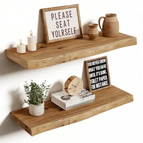 Vivelove Live Edge Floating Shelves 24 inch, Elm Wood Shelf, Rustic Farmhouse Wall Shelf with Invisible Bracket for Living Room Bedroom Bathroom Office Book, 24x8 - Set of 2 - Natural