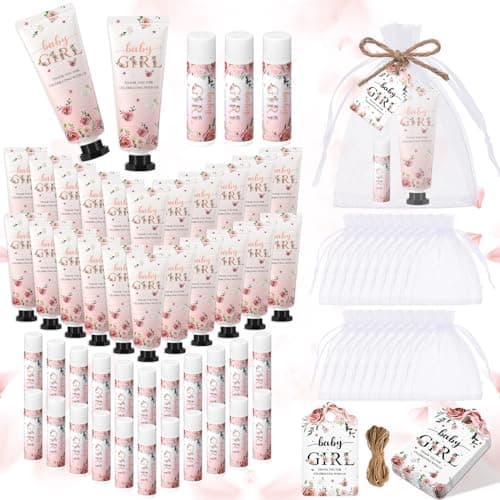 Swiffen 48 Sets 192 Pcs Baby Shower Gifts for Guests Include 48 Hand Cream and 48 Lip Balm Bulk Baby Girl Bridal Shower Party Favors Wedding Thank You Gift for Guests with Card Organza Bag Travel Size