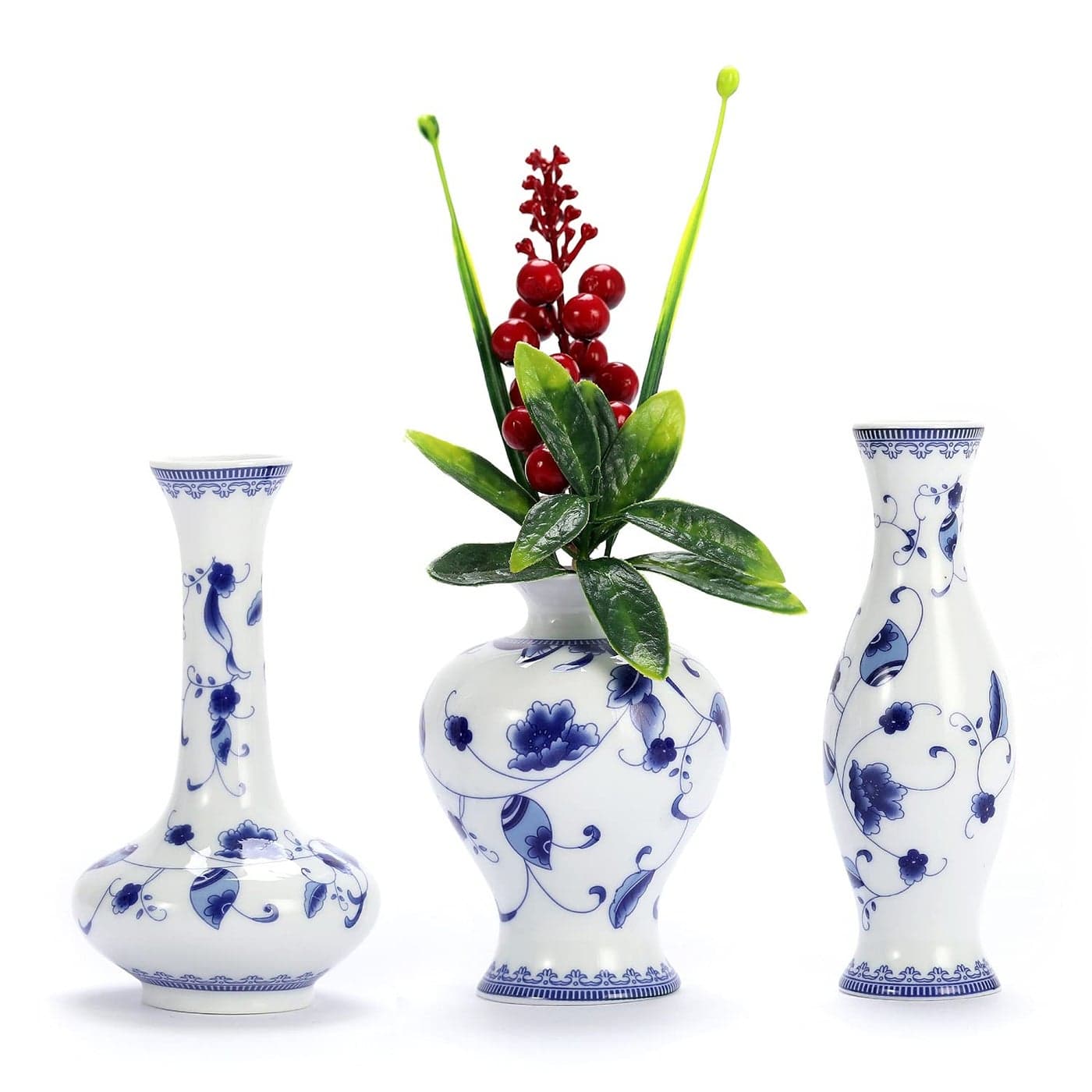 LoveCat Chinese Ceramic Vase Set Small Blue and White Porcelain Vases Fambe Glaze Porcelain Vases Set of 3 Classic Ceramic Flower Vases for Home TableBookshelf Cupboard Dcor