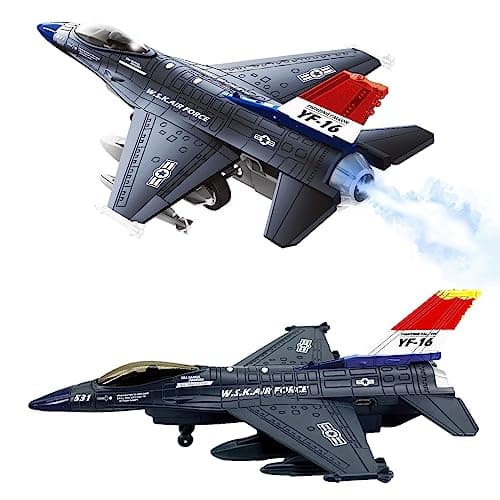 OTONOPI Fighter Jet Toy F-16 Toy Jets for Kids Military Plane Army Air Force Pull Back Fighter Toy diecast Metal Aircraft with Spray Effect Lights and Sounds for Boys Girls Age 3-12+ (F 16 Blue)