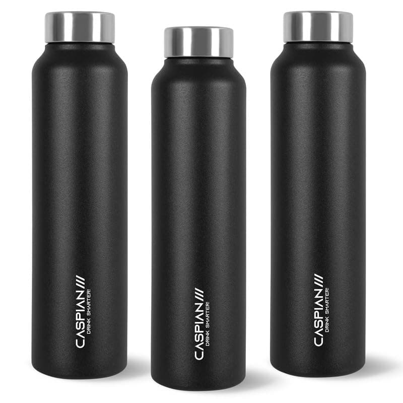 CASPIAN /// Astra ISI Certified Stainless Steel Water Bottle 1ltr. (K Black 1 Litre, Set of 3) | Leak Proof Thunder for Fridge Home Office Travel School Kids Boys Girls Adults Sports Gym Yoga|BPA Free