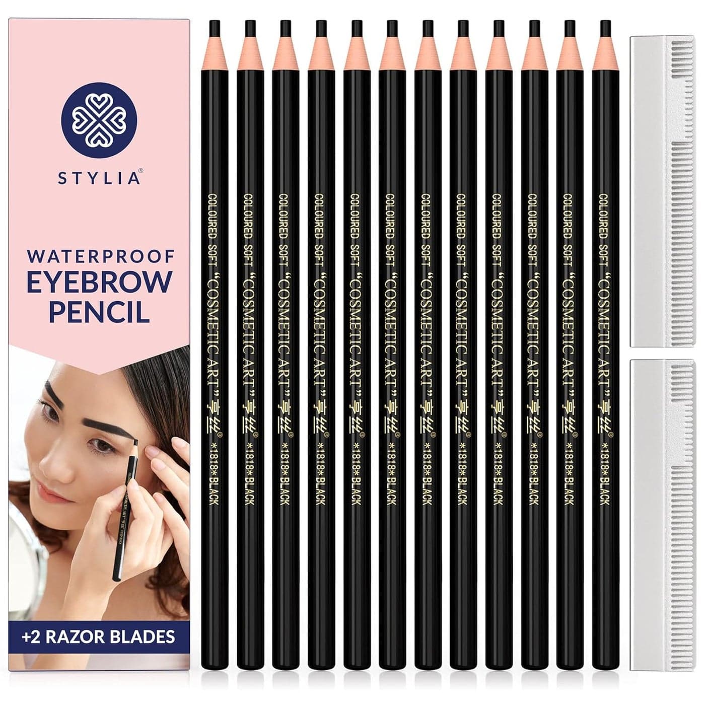 Stylia Waterproof Eyebrow Pencils For Women LongLasting Microblading Supplies Brow Pencil Perfect for Eyebrow Shaper Filling Defining NaturalLooking Brow 12PC Black