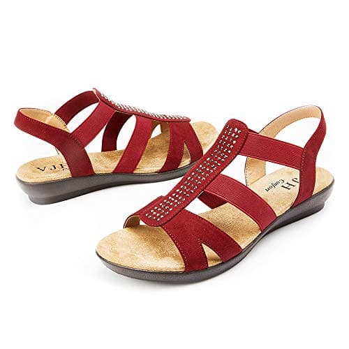 VJH confort Women's Flat Sandals with Rhinestone Open Toe Elastic Slip On Slingback Comfort Casual Walking Sandals(RED 7.5)