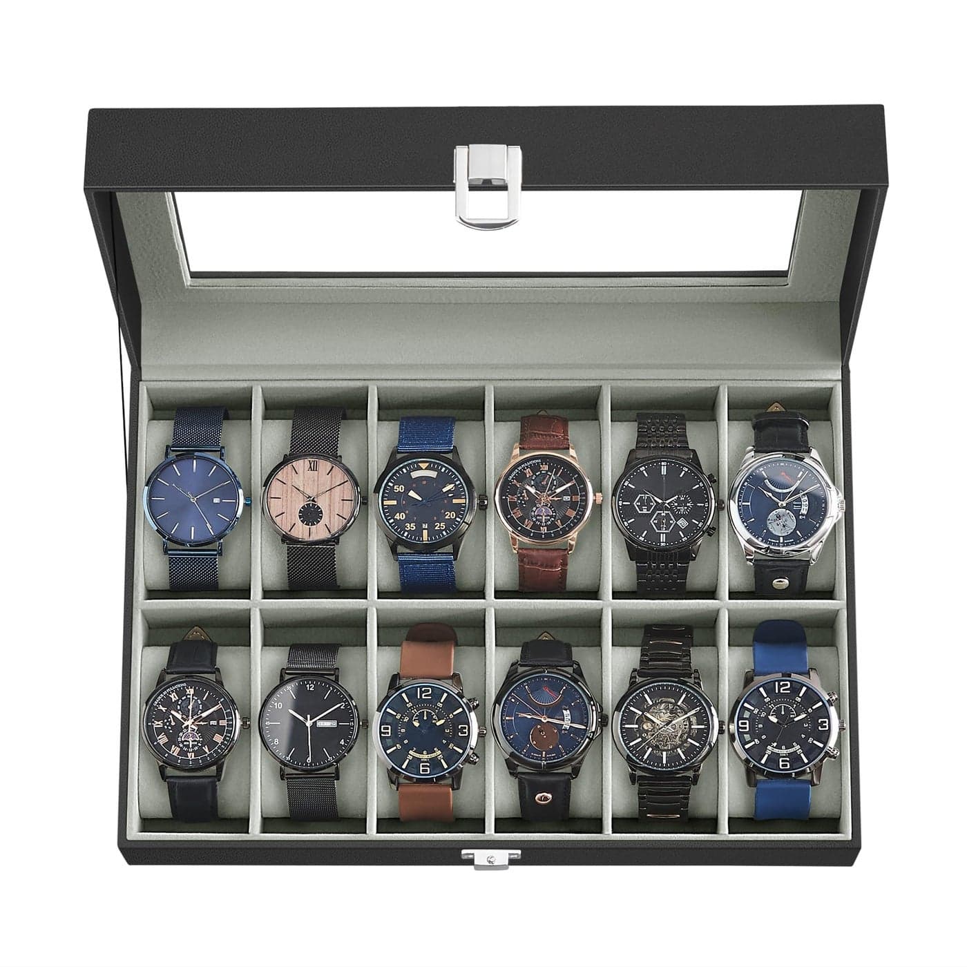 SONGMICS Watch Box 12Slot Watch Case with Large Glass Lid Removable Watch Pillows Watch Box Organizer Gift for Loved Ones Black Synthetic Leather Gray Lining UJWB12BK