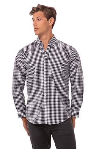Chef Works Men's Gingham Dress Shirt, Black & White Check, Small