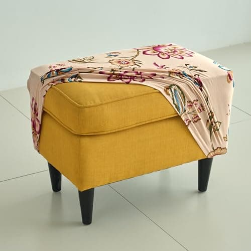 HOKIPO 140 GSM Footstool Cover Ottoman Slipcover, Stretch Fitted, Removable Washable, Cane Beige Ferns (AR-5134-D4)