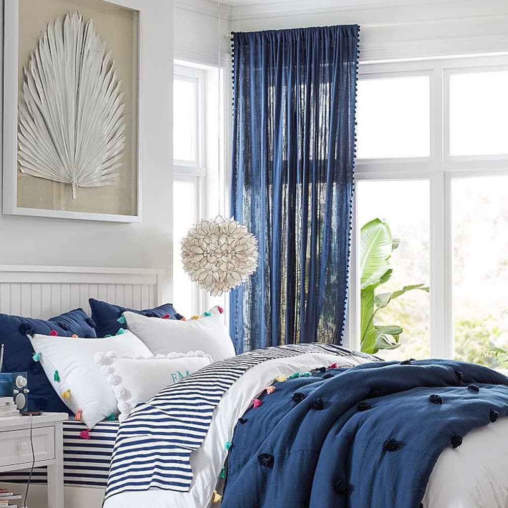 Treatmentex PomPom NavyBlue Sheer Curtains for Bedroom Windows 84inches Long Linen Textured Look Sheer Drapes for Living Room 52 w x 2Pack