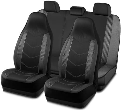 PIC AUTO Car Seat Covers HighBack Full Set Automotive Seat Covers Front and Rear Bench Sports Carbon Fiber Mesh Design Universal Fit for Most Cars SUVs Trucks Airbag Compatible Gray