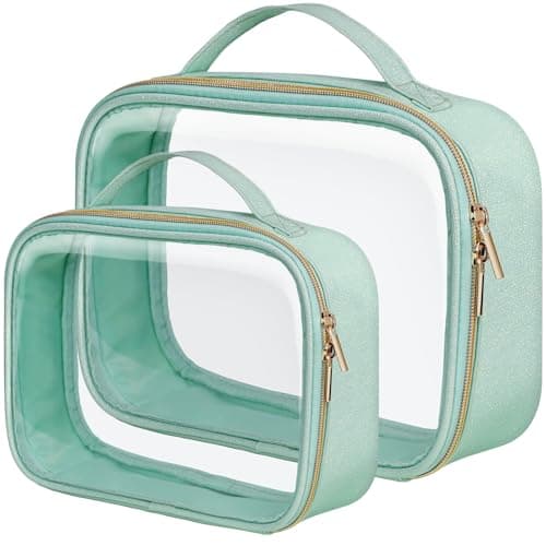 PACKISM TSA Approved Toiletry Bag Glitter Textured Clear Makeup Bag Personalized and Fashion with 180 Large Opening and Supporting Frame Perfect for Travel Essentials Thick No Smell Green