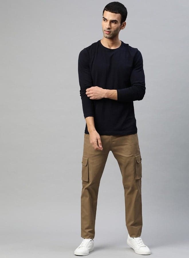 Men's Khaki 100% Cotton Solid Full Length Cargo Regular Fit Trouser