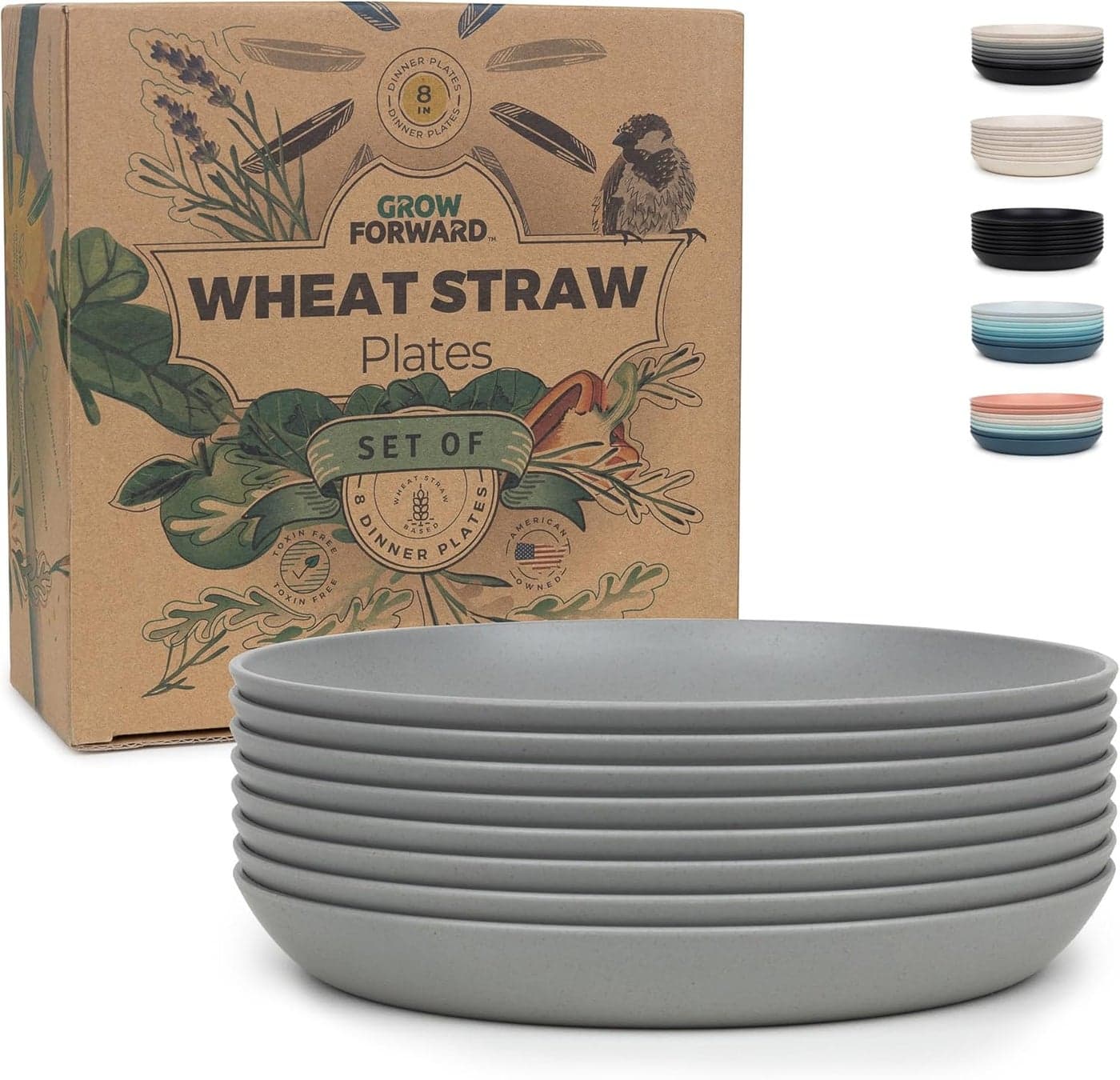 Grow Forward Premium Wheat Straw Dessert Plates 8 Inch Reusable Hard Plastic Plates Set of 8 Unbreakable Microwave Safe Plates for Dinner Camping RV Outdoors Patio Kitchen Dishes Feather