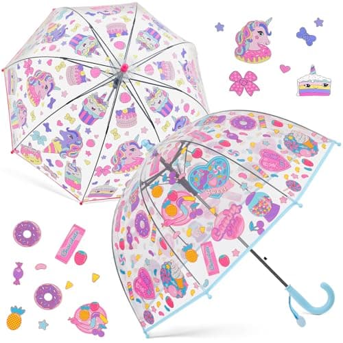 Fabbay 2 Pcs Kids Clear Bubble Umbrella with Easy Grip Curved Handle Transparent Bubble Umbrella for Toddler GirlsUnicorn Candy