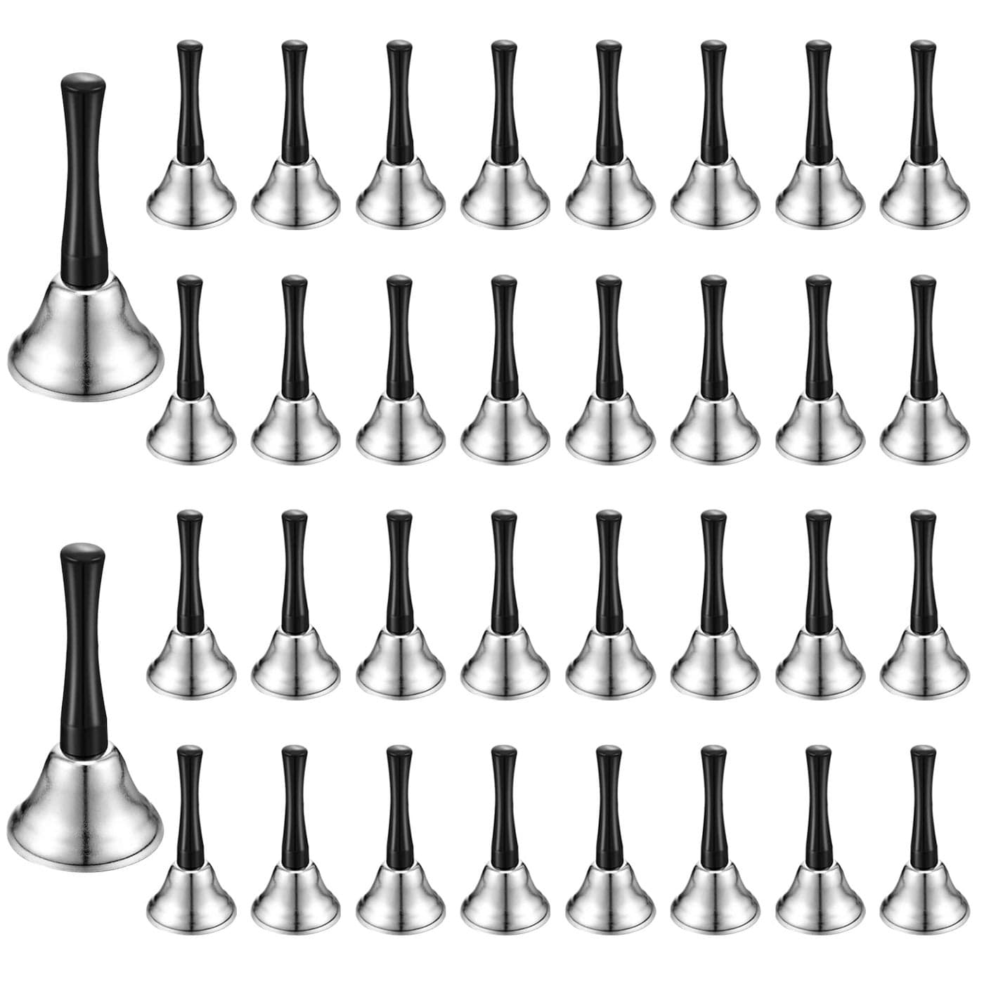 34 Pieces Metal Hand Bell Bulk for AdultsKabcifea Silver Steel Small Hand Held Bells Dinner Call Service with Black Wooden Handle Care for School Church Adults Classroom Wedding Decorative