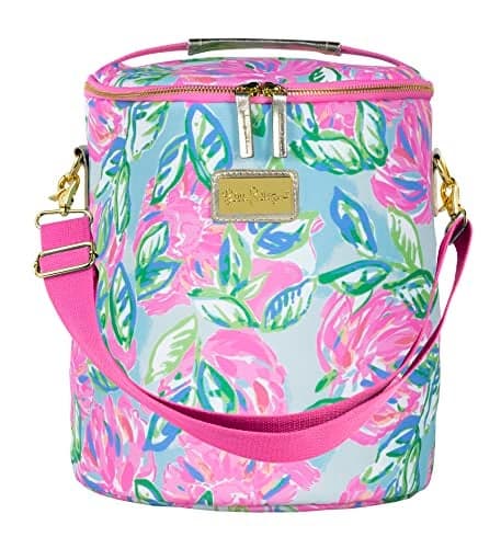 Lilly Pulitzer Pink/Blue/Green Insulated Soft Beach Cooler with Adjustable/Removable Strap and Double Zipper Close, Totally Blossom