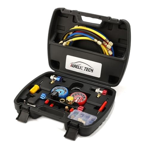 AURELIO TECH UPGRATED Version 4 Way A/C Manifold Gauge Set Fits R134A R410A R404A R22 Refrigerants with 5FT Hose, 3 Acme Tank Adapters, Adjustable Couplers and Can Tap