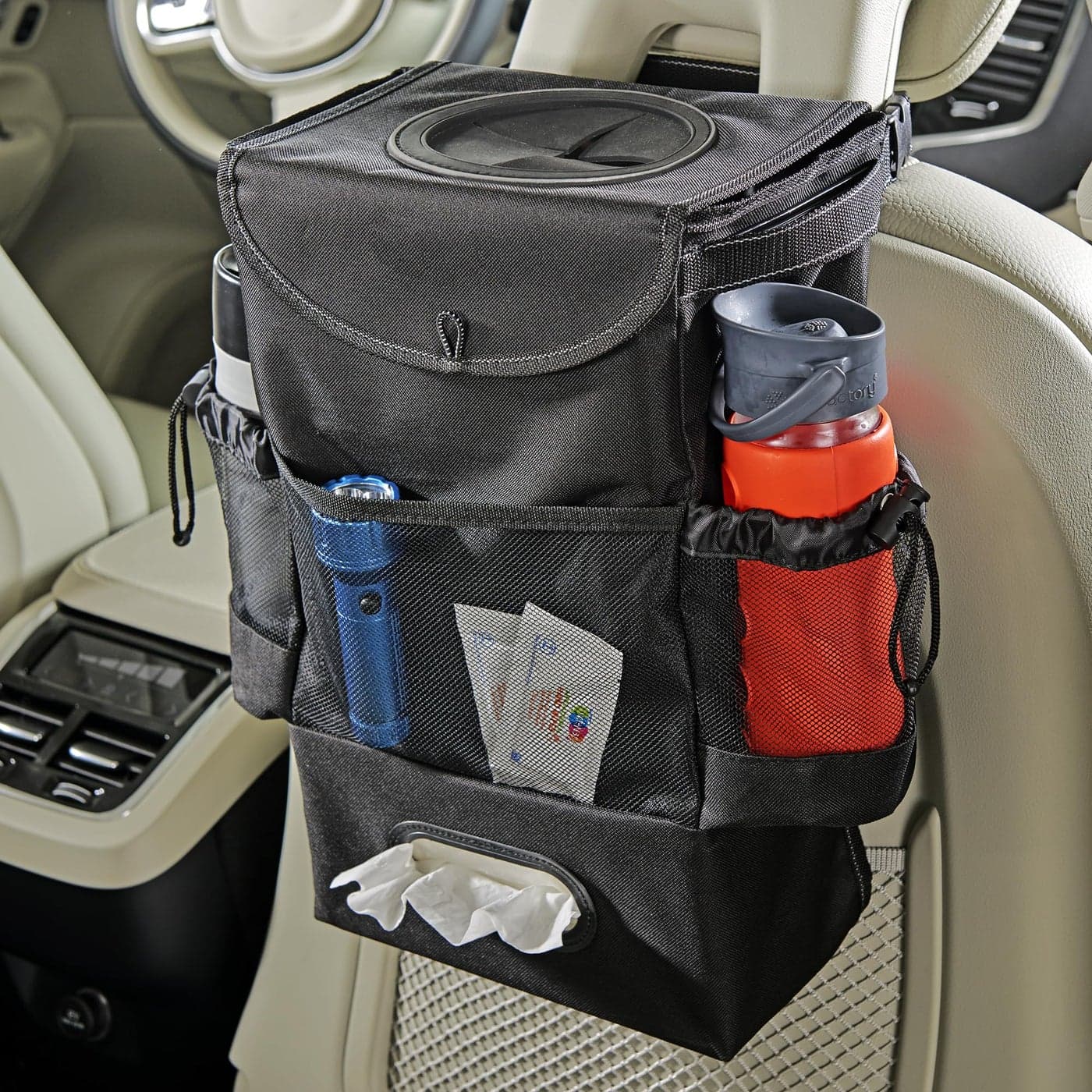 High Road StashAway Large Car Trash Can for Back Seat Car Garbage Bag With Tissue Holder and Bottle Pockets Seatback Organizer With 3 Gal Trash Can With Lid for Vans SUVs and Trucks