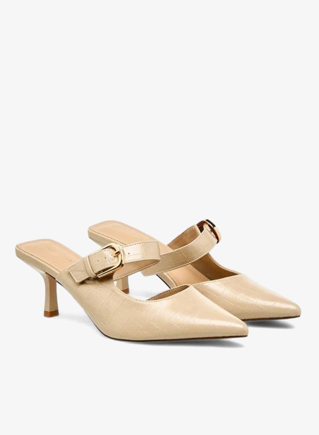 Womens Textured Buckle Detail Flared Heel Mules