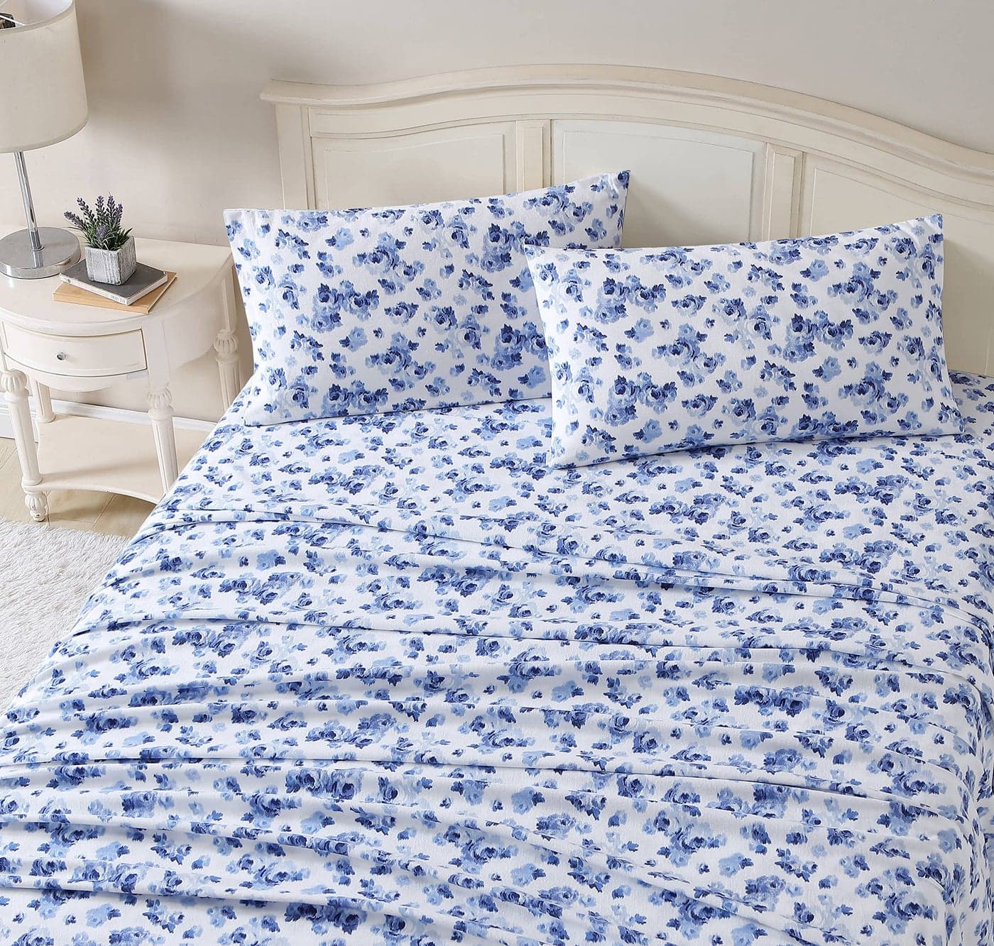 Laura Ashley Full Sheet Set Cotton Flannel Bedding Brushed for Extra Softness Comfort Emelisa Blue Full
