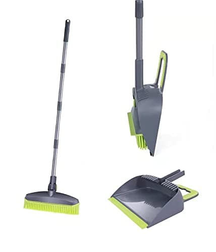 Adjustable Rubber Push Broom and Dustpan SetSelf Cleaning Indoor Outdoor Angle Brooms with Dust pan for HomeLong Handle for Floor Sweeping KidsCarpet Dog Cat Pets Offices Use