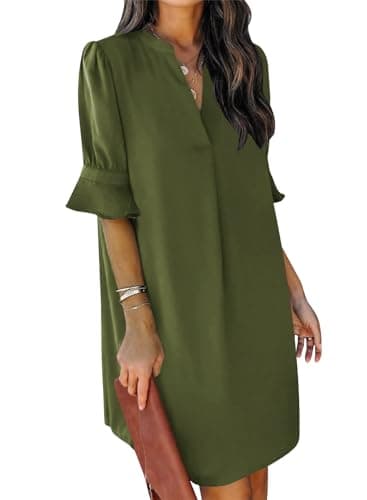 QACOHU Casual Dresses for Women Ruffle Sleeves Split V-Neck Straight Fit Solid Color Slim Dress Green M