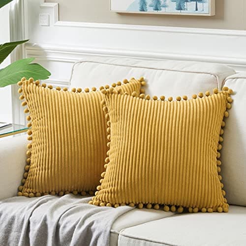 Fancy Homi Pack of 2 Mustard Yellow Fall Decorative Throw Pillow Covers 18x18 Inch with Pompoms for Living Room Couch Bedroom Soft Corduroy Solid Square Cushion Case 45x45 cm Boho Home Decor