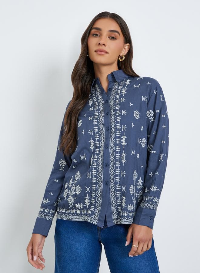 Women Blue Embroidered Oversized Shirt