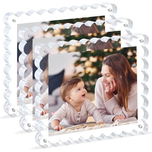 3Pack Scalloped Acrylic Photo Frame 8×10 Inch, 15+15mm Thick Block Clear Glass Photo Frame with Thick Block | Acrylic Picture Frames Modern Gift Set (3Pack, 8X10)
