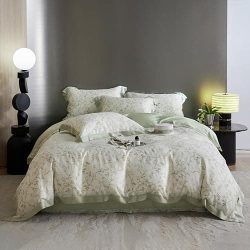 VM VOUGEMARKET Green Flower Duvet Cover Twin Cooling Lyocell Comfoter Cover Set for Hot SleeperMoisture Wicking Silky Bedding SetMint Green