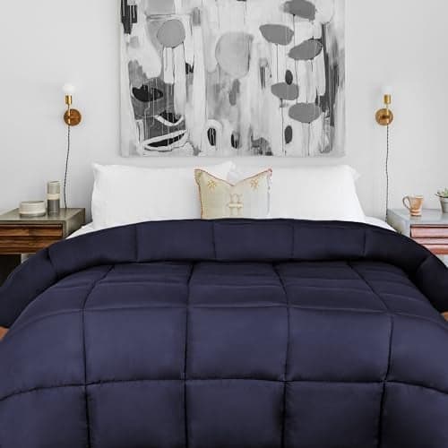 Superior Brushed Microfiber Solid Comforter, Down Alternative Bedding, Reversible, Medium Weight, Fluffy, Decorative, Duvet Insert, Oversized Blanket, Box Quilt Design, Queen, Navy Blue