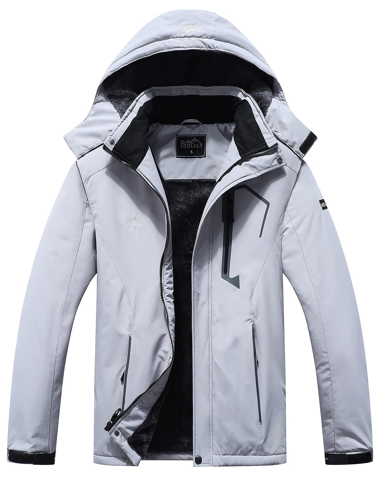 Pooluly Mens Ski Jacket Warm Winter Waterproof Windbreaker Hooded Raincoat Snowboarding Jackets Light Gray2XL