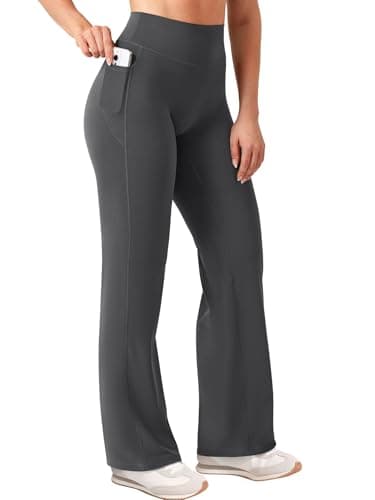 YEOREO Straight Leggings with Pockets for Women No Front Seam Workout Leggings High Waist Wide Leg Yoga Pants - 29" Dark Grey M