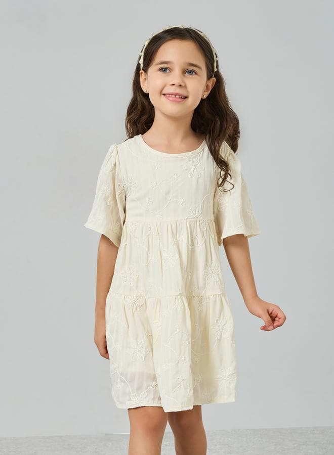 Girls Embroidered Puff Sleeve Tiered Dress