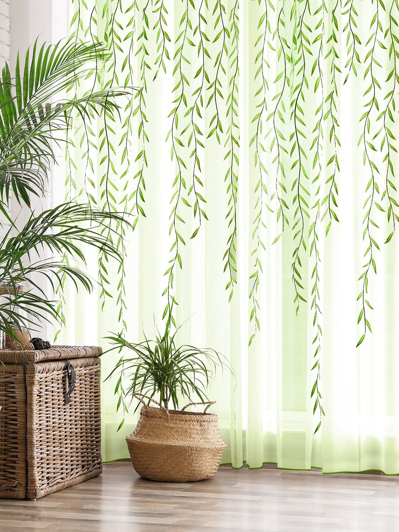 Breling Willow Voile Curtains Cute Green Sheers Leaf Tulle Vine Window Sheers Ivy Pretty Curtain for Living Room Bedroom Window Door Balcony2 Pieces394 x 787 Inch