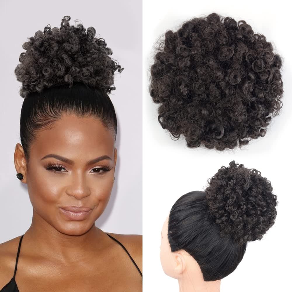 Yinmei Baibian Curly Wavy Afro Puff Drawstring Ponytail Hair Extension for Black Women Loose Wave Natural Black Short Mini Hair Buns Afro Puff Hairpieces for Girls Kids2