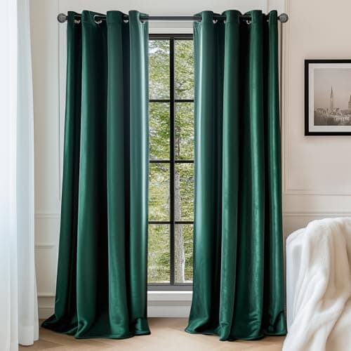 Lazzzy Blackout Velvet Green Thermal Insulated Curtains 90 Inch Long Drapes for Bedroom Room Darkening Window Treatments Grommet Living Room Drapes Set of 2 Panels Emerald Green