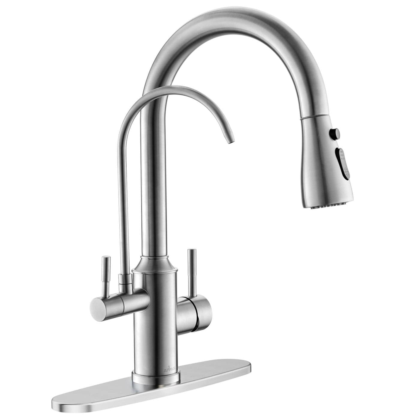 APPASO Kitchen Faucet with Water Filter Pull Out 3 Way Sink Faucets with Sprayer High Arch 2 Handle Faucet 2 in 1 Faucets Brushed Nickel Without Water Filtration Device