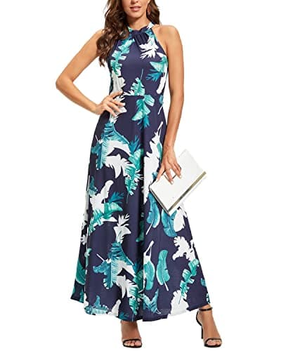 STYLEWORD Women's 2025 Summer Hawaiian Beach Maxi Dresses Tropical Off Shoulder Halter Neck Long Dress Spring Trendy Outfits(Floral 01,M)