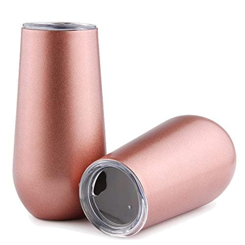 Sivaphe 6 Ounce Stemless Champagne Flutes with Lid, Small Stainless Steel Resuable Toaste Mug, Rosegold Insulated Champagne Tumbler 2 Pack