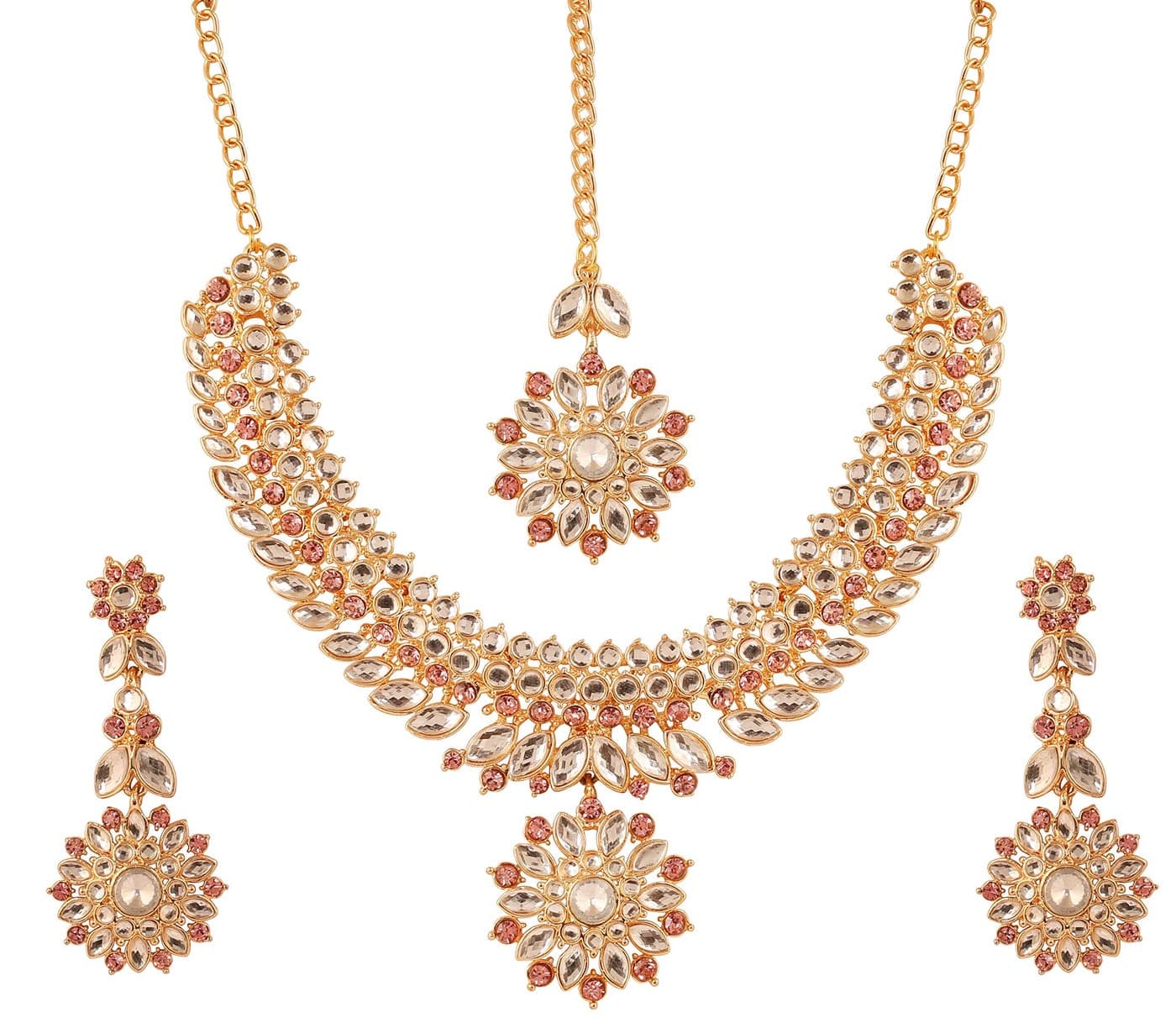Touchstone Indian Bollywood Traditional Craftsmanship Mughal Era Kundan Look Fuchsia Color Bridal Designer Jewelry Wedding Necklace Set In Gold Tone For Women.