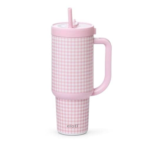 Ello Oasis 30 oz Tumbler with Handle & Retracting Straw | Reusable Insulated Stainless Steel Cup 100% Leakproof, Gifts for Teens Women Men | Keeps cold for 24 Hours, Cup Holder Friendly, Pink Gingham