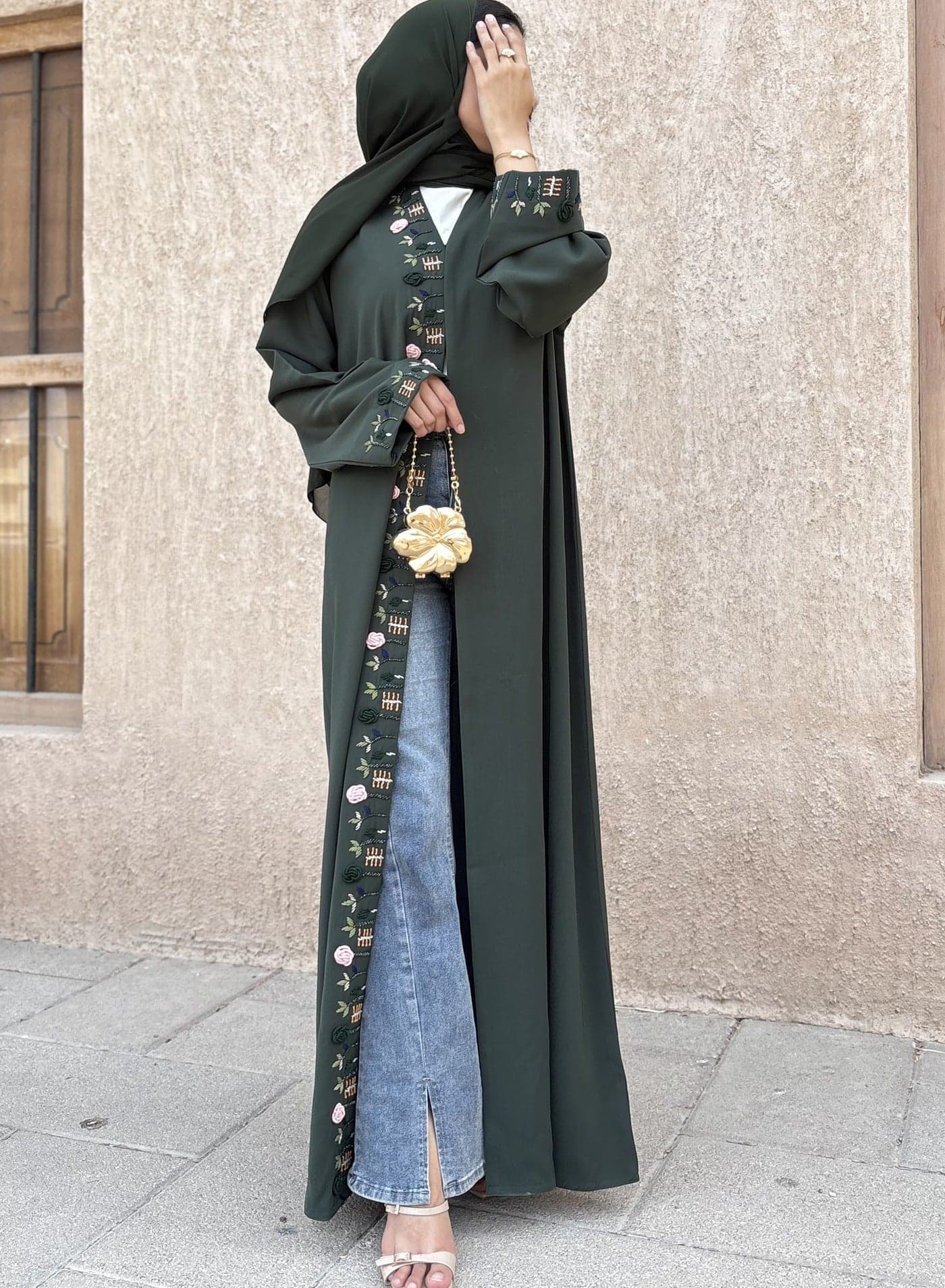 Olive Green Hand Embroidered Barbie Crepe Abaya I Made in UAE