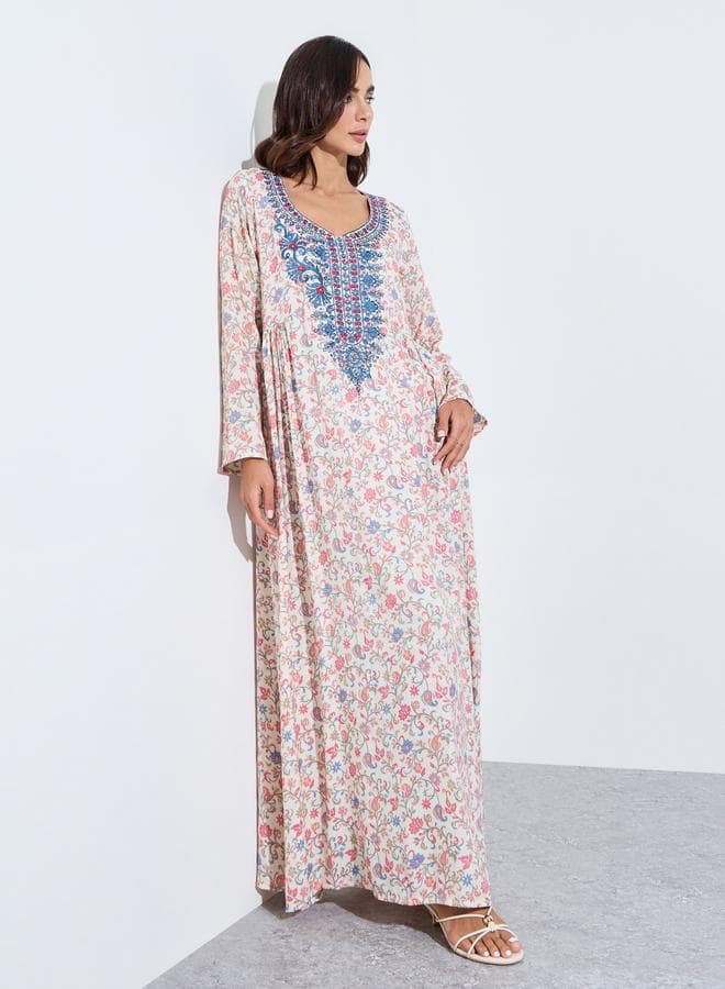 all over printed jalabiya at neck and sleeve hem